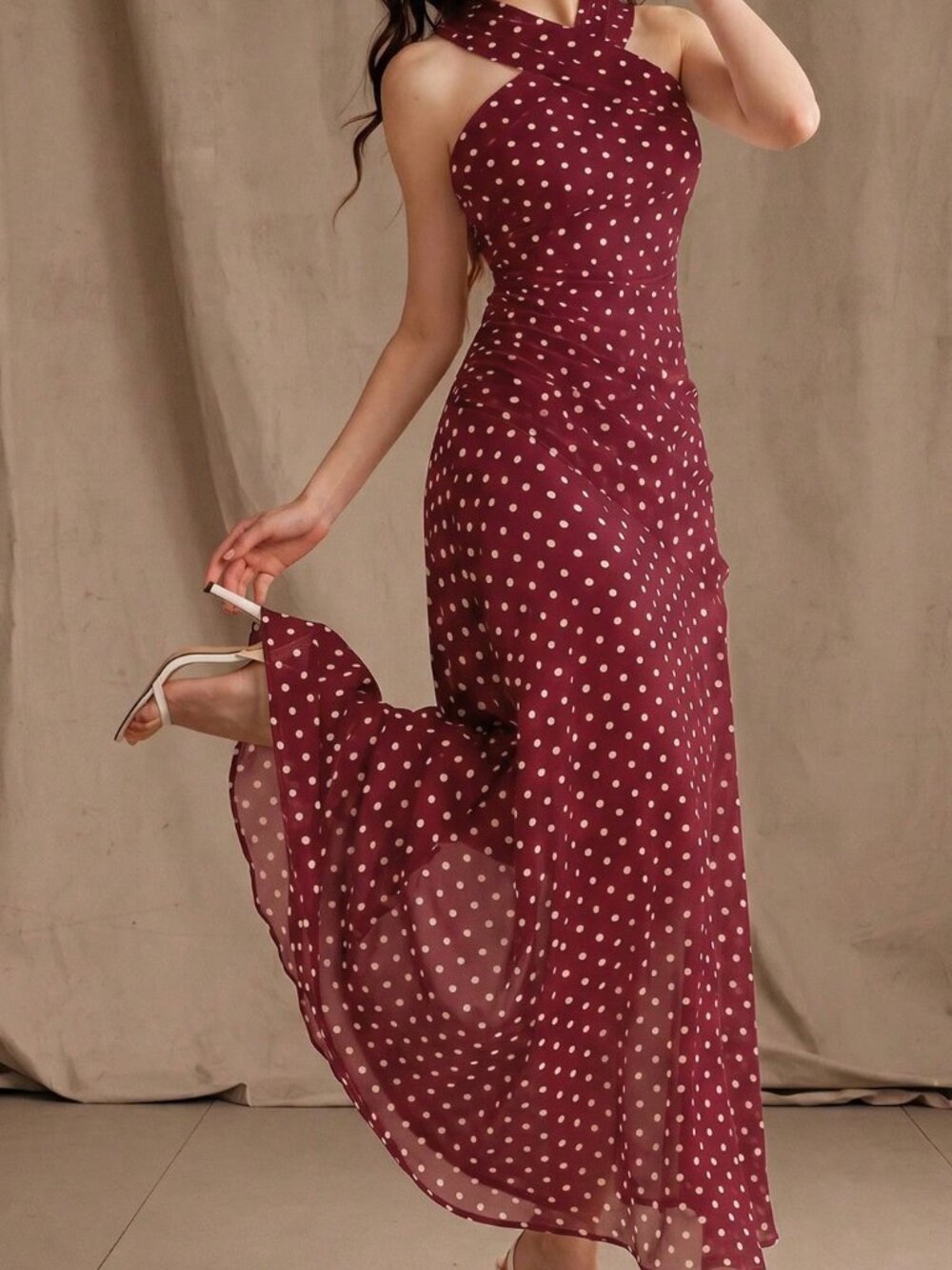 Burgundy Elegant Women's Regular Fit Halter Neck High-Waist Flared Long Dress